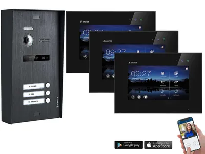 Produktbild von BALTER EVO 2-Draht BUS Komplettsystem mit Wifi , Aufputz Türstation für ein 3-Familienhaus mit 3 Monitoren Schwarz Schwarz
