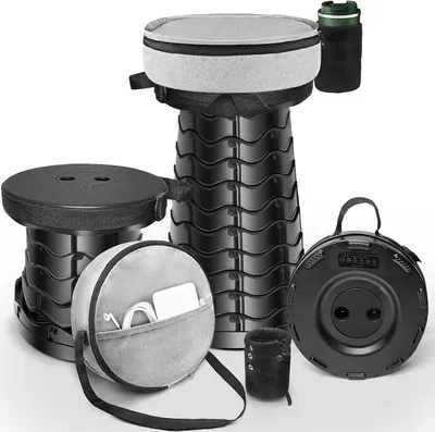 Produktbild von Dreibeinhocker Tragbarer Klapphocker mit Kissen und Getränkehalter, Teleskophocker, Tragkraft 220 kg, leichter Campinghocker, faltbarer Sitzhocker, st