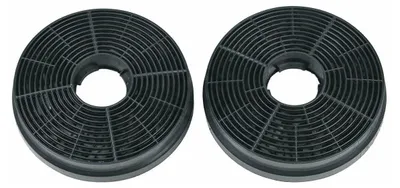 Two black circular charcoal filters for a range hood.