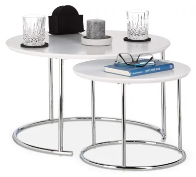 Beistelltisch-Set 2er, rund, weiß, verchromt, 60x60x35 cm