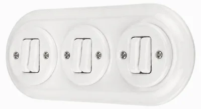Produktbild von Unterputz Porzellan Retro Schalter, Doppelschalter, 3-fach, All-in-One, SET Serie PR1 weiß