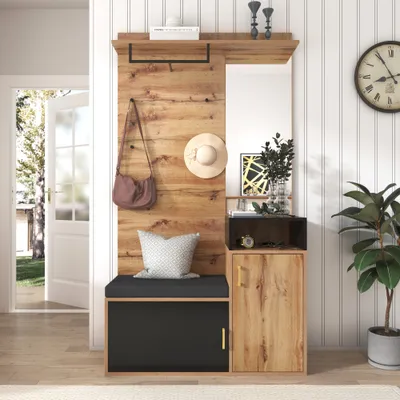 Produktbild von UnboxG Garderoben-Set,mit 4 Kleiderhaken, Spiegel, Schuhschrank, Wandgarderobe, oberes Ablagefach, Flurgarderobe Sitzbank