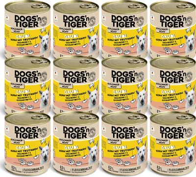 Produktbild von Dogs’n Tiger Adult Hundefutter, Gaudi,  Nassfutter, Getreidefrei, Huhn, Truthahn, Cranberry & Süßkartoffel, 12x800g