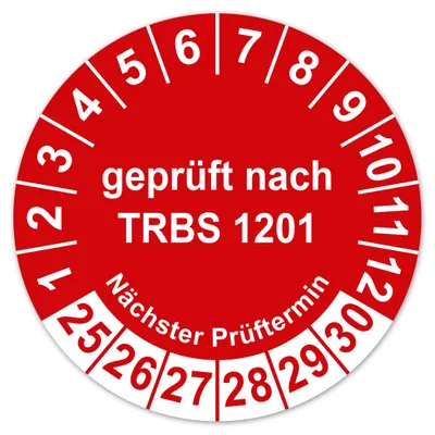 Prüfplakette TRBS 1201, rot, 100 Stück, 30 mm, 2025-2030