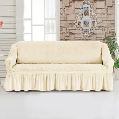 Image de Tissu Seersucker Housse de canapé avec jupe, protection de meuble, style campagnard pour 4 places, blanc ivoire