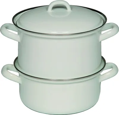 Two stacked enamel pots with lids.