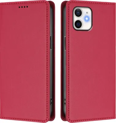 Produktbild von Handyhülle für iPhone 11, Kunstleder Klapphülle Stoßfeste Magnetische Hülle mit Ständer Rot