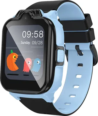 A close-up of a blue and black smartwatch for children.
