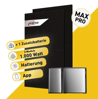 Produktbild von Balkonstrom Balkonkraftwerk 1000W Solaranlage mit Speicher | 1xZusatzspeicher | Blechdachhalterung | 2xSolarmodul | SunEnergyXT 500 Pro | Kabel 10m