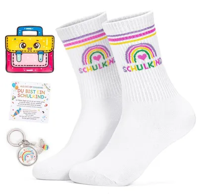 Produktbild von Geschenkset Einschulung Socken Schlüsselanhänger Karte für Jungen Mädchen Schulkind 2026