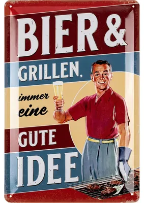 Produktbild von Retro Blechschilder Grillen - Bier und GRILLEN immer eine gute Idee, BBQ Grill Retro Deko, Grillplatz Schild Garten, Papas Grillecke Schild