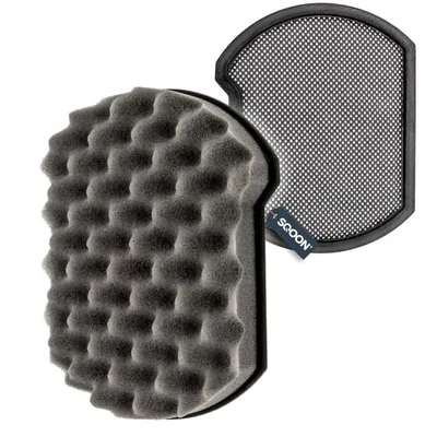 A product photo of two microphone pop filters. One is a black mesh filter, and the other is a textured grey foam filter. They are shown from a slightly elevated, diagonal angle against a white background.