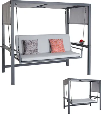 Produktbild von Hliníková houpačka Hollywood HWC-L47, zahradní houpačka Závěsná houpačka s funkcí polohování, střecha textilní olefin 195x221x131cm Čalounění šedé