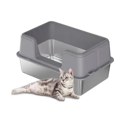 Image de Bac à litière en acier inoxydable Bac à litière ouvert avec rebord haut Bac à litière avec tapis antidérapant et pelle incluse 60*40*36,5 cm gris