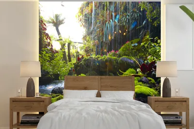 Produktbild von MuchoWow® Fototapete für Wohnzimmer oder Schlafzimmer Wandtapete Vinyl Motivtapete Tropischer Wasserfall - 350x350 cm - Schlafzimmertapete
