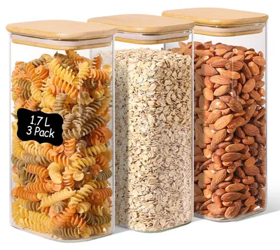 Productafbeelding van Voorraadpot met deksel - Set van 3 stuks - Gemaakt van borosilicaatglas - Bestand tegen temperatuurverschillen - Luchtdichte afsluiting - Geschikt voor het n van voedsel - Bewaarpot