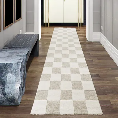 Zdjęcie produktu dla Łatwy w pielęgnacji i wytrzymały dywan z wzorem w kratkę w kolorze kremowo-beżowym Rozmiar - 80 x 300 cm