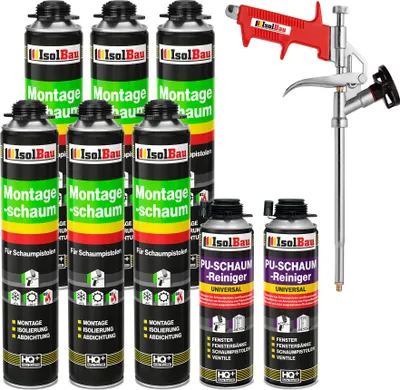 Produktbild von Isolbau Bauschaum-Set - Inkl. 6x 1K Montageschaum Pistolenschaum (je 750 ml), 1x Schaum-Pistole & 2xPU-Schaum-Reiniger (500 ml)