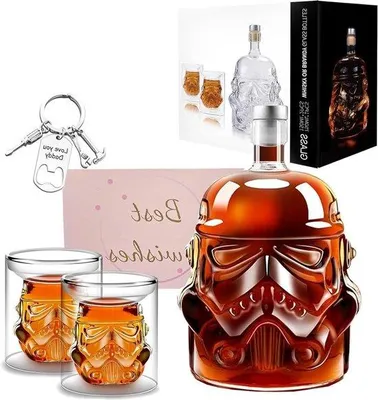 Zdjęcie produktu dla Zestaw upominkowy do whisky zawierający 2 kieliszki 3D i otwieracz w kształcie zamka do bourbonu, ginu i whisky – karafka do whisky o pojemności 750 ml i kieliszki o pojemności 150 ml – prezent na urodziny