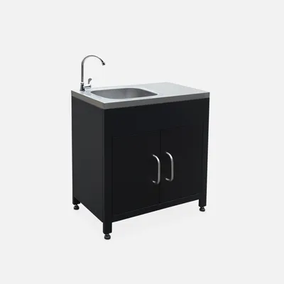 A black outdoor kitchen unit with a silver sink and faucet, presented against a light gray background.