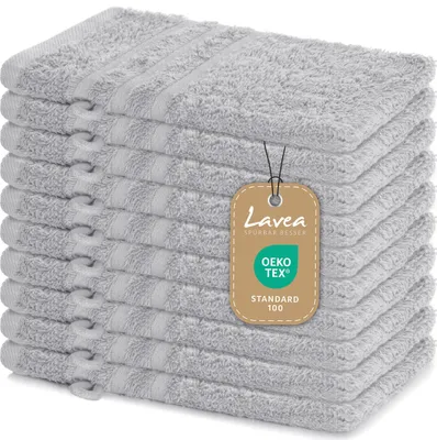 Produktbild von Lavea® 10er Set Waschhandschuh 15x21 cm – Saugstark Weich aus 100% Baumwolle, Frottierserie Elena – Waschbar und Strapazierfähig – Silber