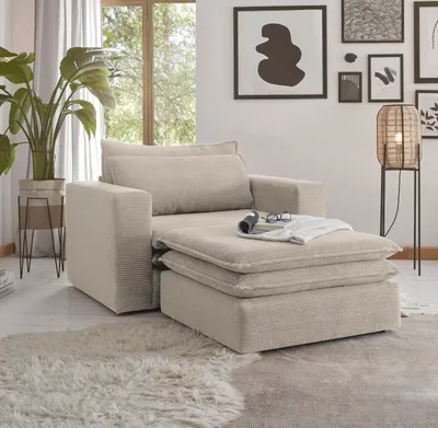 Produktbild von Loveseat Sessel Set "Pesaro" in beige Cord Couch Loungesessel inklusive Hocker