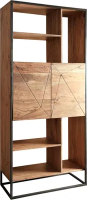 Produktbild von Regal Kaddy, Akazienholz massiv & stonefarben, Standregal mit 2 Holztüren mit Einlegeboden & 6 offenen Fächern, schwarzer Metallrahmen, 88 x 193 x 40 cm