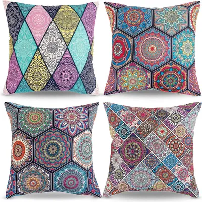 Produktbild von Sada 4 dekoratívnych obliečok na vankúše, vankúše na pohovku, boho ľanový obliečka na vankúš, ozdobné vankúše s výplňou, dekorácia mandaly, 45 x 45 cm