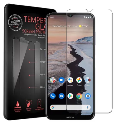 A product shot showing a phone screen protector packaging and a smartphone with the screen protector applied.