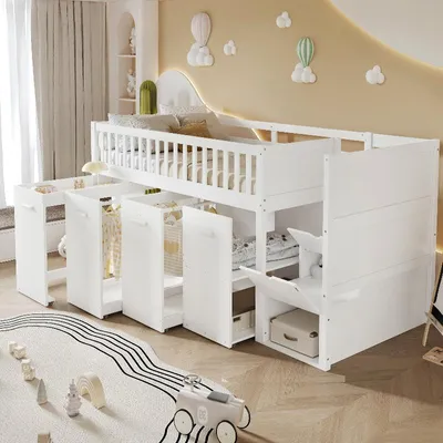 Productafbeelding van Stapelbed 90x200 cm, wit, gemaakt van grenen en MDF, met een trap met opbergruimte en een bureau, geschikt voor kinderkamers en slaapkamers