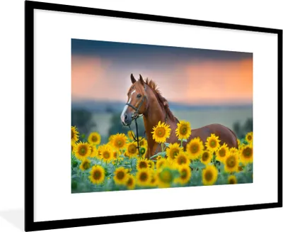 Produktbild von MuchoWow® MuchoWow® Gerahmtes Poster Pferd - Sonnenblume - Himmel - Pastell 90x60 cm - Poster mit zchwarzem Bilderrahmen - Wanddekoration - Fotos