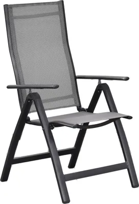 A single gray folding chair with a black frame is shown against a white background.