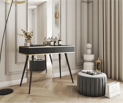 Produktbild von Schreibtisch Glow im glamour Stil Frisiertisch mit Schubladen Schwarz und gold Schminktisch Schreibtisch mit Schubladen, Farbe: Schwarz, Schwarz