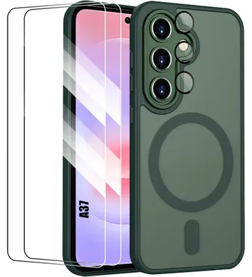 Image de Coque + 2 Verres Trempés pour Samsung Galaxy A37 5G, Protection avec Cercle Magnétique - Vert Nuit