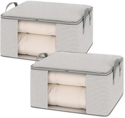 Produktbild von Unyqoos® Set mit 2 atmungsaktiven Aufbewahrungstaschen für Bettdecken & Kissen, 60×40×30 cm, Baumwollstoff, leicht wasserabweisend, Reißverschluss, bis 75 Teile
