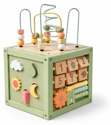 Productafbeelding van Laavir Houten Activiteitenkubus Baby Mintgroen - Educatief Montessori Speelgoed met Kralenspiraal, Vormenstoof en Ratelwielen -Gecertificeerd