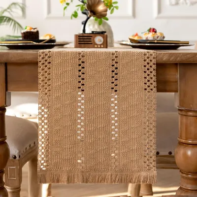 Immagine prodotto di Runner da tavolo marrone, 30x140 cm, stile boho con frange in macramè, in cotone e lino, rustico, country