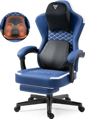 Produktbild von Ergonomischer Gaming Stuhl mit Heizmassage, Taschenfederkissen & Fußstütze, blau