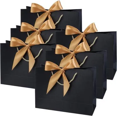 Obrázok produktu pre Sada 6 darčekových vrecúšok – papierové darčekové vrecúška so stuhou a uchom – na narodeniny, svadbu, slávnosti – rozmery 28 x 20 x 10 cm