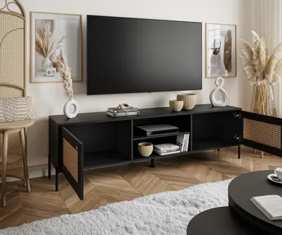 Produktbild von TV-Schrank VIENNA 3D mit Wiener Geflecht Schwarz + Wiener Geflechtdruck, gerade Metallbeine