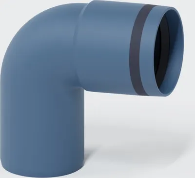 A 3D rendering of a blue pipe elbow fitting with gray and black bands at the opening.
