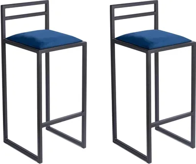 Produktbild von Barhocker 2er Set 95 cm Schwarz mit Lehne – Gepolsterter Metall Barstuhl im Loft Stil - Blau