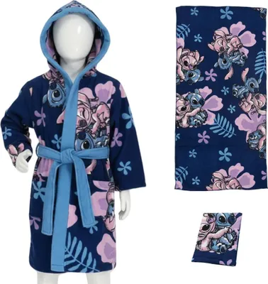 Produktbild von Disney Stitch Angel Kinder 3 tlg Set Bademantel Handtuch Handschuh Gr. 98 -128 – Bunt / 110/116