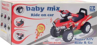 The image shows the retail packaging for a red ride-on ATV toy. The box features product images, brand logos, and descriptive text.