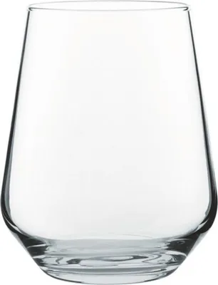 A clear glass tumbler is shown against a white background.