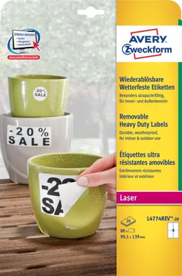 Immagine prodotto di Avery Zweckform® L4774REV-20 L4774REV-20 Etichette resistenti alle intemperie (A4, 80 pezzi, rimovibili, 99,1 x 139 mm) 20 fogli bianchi