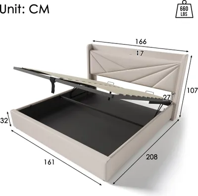 Image de Sweiko Lit rembourré (Lit fonctionnel Lit hydraulique avec sommier à lattes), Lit de rangement 160x200cm avec fonction de chargement USB Type C Tête de lit, lin