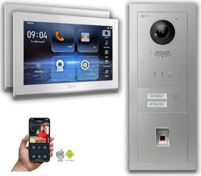 Produktbild von Goliath IP Video Türsprechanlage: 10-Zoll 2 Familienhaus, Fingerprint, Anzeige, Silber : 10 Zoll Weiß : 4er POE : Aufputz Dose Anschluss: 4er POE Monitor Farbe: 10 Zoll Weiß Montage: Aufputz Dose