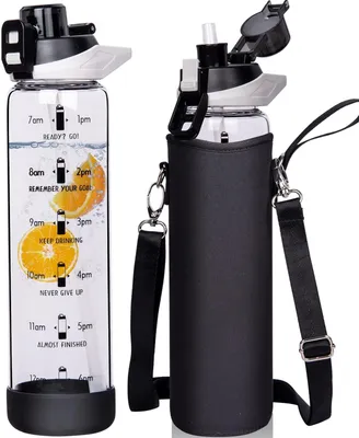Produktbild von Glasflasche 1 l, mit Trinkhalm und Zeitmarkierungen, BPA-frei, auswegsicher, für Sport
