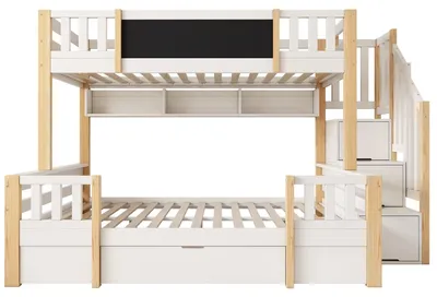 Immagine prodotto di Letto a castello in legno massello - Letto a soppalco - 90 x 200 cm - Con spazio contenitivo - Scala con cassetti - Scala a pioli - Bianco naturale